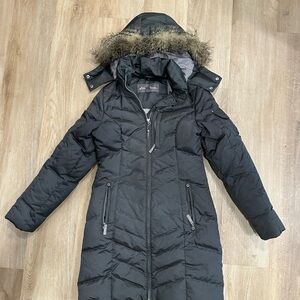 Eddie Bauer Charcoal Puffer Jacket with Faux Fur Hood